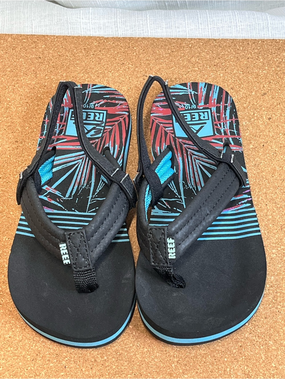 Reef Kids Flip Flops Sandals Back Strap Black Blue Palm Print Size 9/10